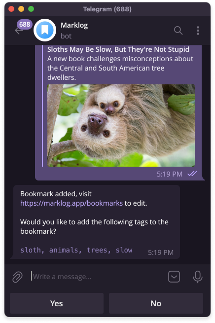 Adding tags to a bookmark using Telegram